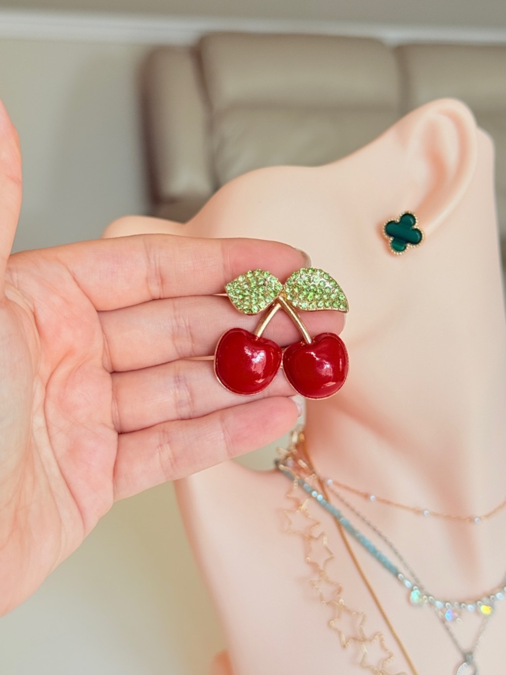 Red Cherry Crystal Enamel Brooch - Picture 3 of 7